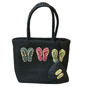 Straw Woven Black Beach Summer Large Tote with Flip Flops design with small bag